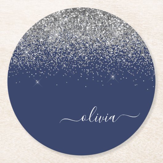 Silver Navy Blue Glitter Girly Monogram Naam Ronde Kartonnen Onderzetter (Voorkant)