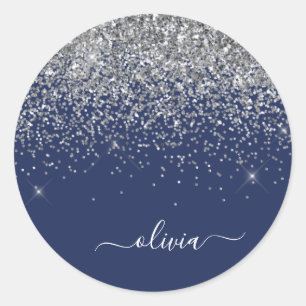 Silver Navy Blue Glitter Girly Monogram Naam Ronde Sticker