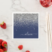 Silver Navy Blue Glitter Girly Monogram Naam Servet (Insitu)
