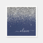 Silver Navy Blue Glitter Girly Monogram Naam Servet (Voorkant)
