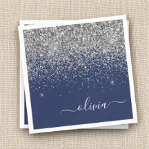 Silver Navy Blue Glitter Girly Monogram Naam