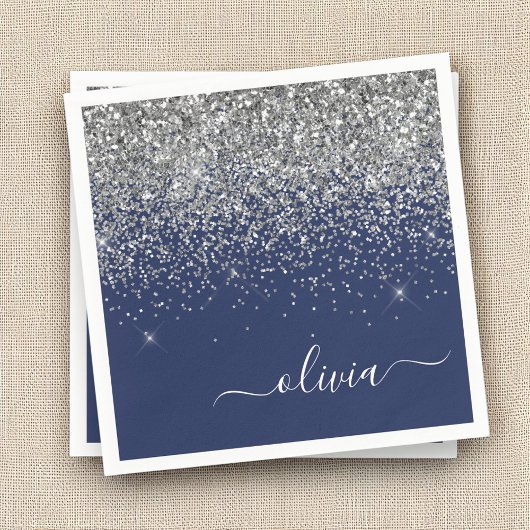 Silver Navy Blue Glitter Girly Monogram Naam Servet