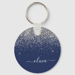 Silver Navy Blue Glitter Girly Monogram Naam Sleutelhanger