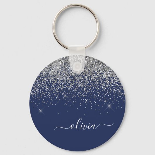 Silver Navy Blue Glitter Girly Monogram Naam Sleutelhanger (Voorkant)