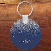 Silver Navy Blue Glitter Girly Monogram Naam Sleutelhanger (Voorkant)