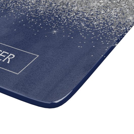 Silver Navy Blue Glitter Girly Monogram Naam Snijplank (Hoek)