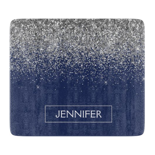 Silver Navy Blue Glitter Girly Monogram Naam Snijplank (Voorkant)