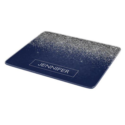 Silver Navy Blue Glitter Girly Monogram Naam Snijplank (Hoek)