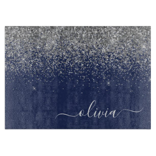 Silver Navy Blue Glitter Girly Monogram Naam Snijplank