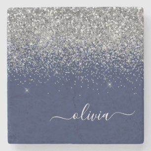 Silver Navy Blue Glitter Girly Monogram Naam Stenen Onderzetter
