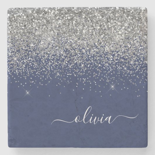 Silver Navy Blue Glitter Girly Monogram Naam Stenen Onderzetter (Voorkant)