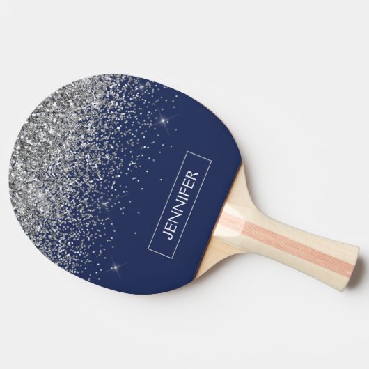 Silver Navy Blue Glitter Girly Monogram Naam Tafeltennisbatje (Zijkant)