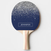 Silver Navy Blue Glitter Girly Monogram Naam Tafeltennisbatje (Voorkant)