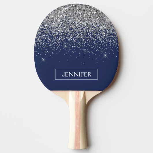 Silver Navy Blue Glitter Girly Monogram Naam Tafeltennisbatje (Voorkant)