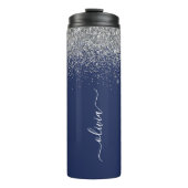 Silver Navy Blue Glitter Girly Monogram Naam Thermosbeker (Voorkant)