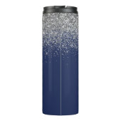 Silver Navy Blue Glitter Girly Monogram Naam Thermosbeker (Achterkant)