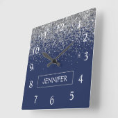 Silver Navy Blue Glitter Girly Monogram Naam Vierkante Klok (Hoek)