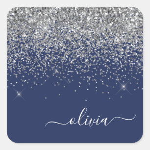 Silver Navy Blue Glitter Girly Monogram Naam Vierkante Sticker