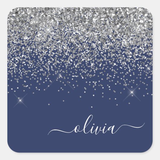 Silver Navy Blue Glitter Girly Monogram Naam Vierkante Sticker (Voorkant)
