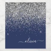 Silver Navy Blue Glitter Girly Monogram Naam Wijn Etiket (Enkel label)