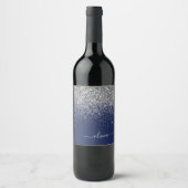 Silver Navy Blue Glitter Girly Monogram Naam Wijn Etiket (Voorkant)