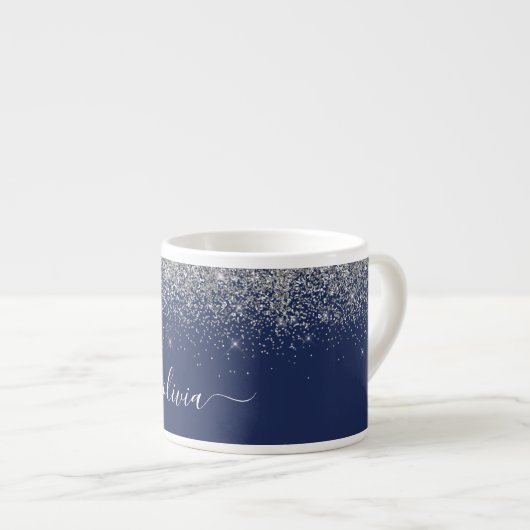 Silver Navy Blue Glitter Metal Monogram Naam Espresso Kop (Voorkant rechts)
