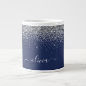 Silver Navy Blue Glitter Metal Monogram Naam Grote Koffiekop (Voorkant)