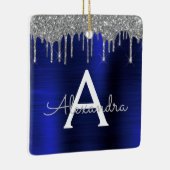 Silver Navy Blue Glitter Monogram Naam Keramisch Ornament (Rechts)