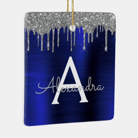 Silver Navy Blue Glitter Monogram Naam Keramisch Ornament (Rechts)