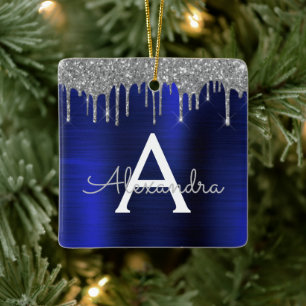 Silver Navy Blue Glitter Monogram Naam Keramisch Ornament