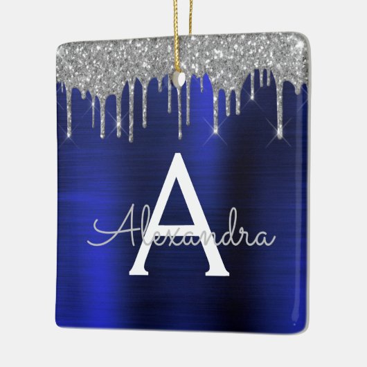 Silver Navy Blue Glitter Monogram Naam Keramisch Ornament (Links)