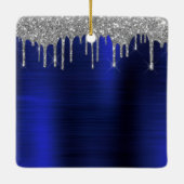 Silver Navy Blue Glitter Monogram Naam Keramisch Ornament (Achterkant)