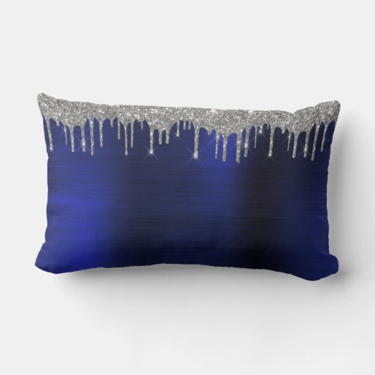 Silver Navy Blue Glitter Monogram Naam Kussen (Achterkant)