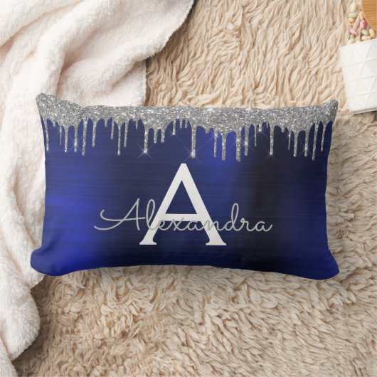Silver Navy Blue Glitter Monogram Naam Kussen (Deken)