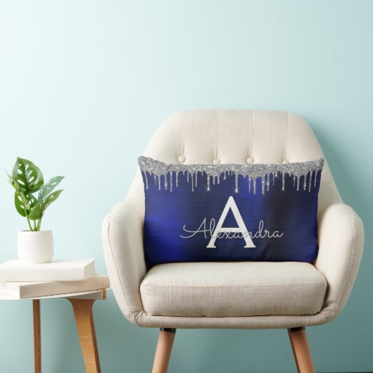 Silver Navy Blue Glitter Monogram Naam Kussen (Stoel)