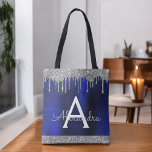 Silver Navy Blue Glitter Sparkle Elegant Monogram Tote Bag<br><div class="desc">Luxe Silver en Navy Blue Faux Sparkle en Dripping Glitter Metallic RVS Folie Elegante Monogram Boekentas. Deze boekentas kan worden aangepast om uw initiaal en voornaam op te nemen en wordt gegeven als een geschenk voor Kerstmis, Sweet 16, 18th, 21st, 30th, 40th, 50th, of 60th Birthday, Vrijgezellenfeest of een bruiloft....</div>