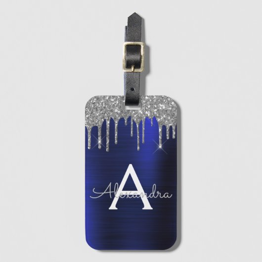 Silver Navy Blue Glitter Sparkle Monogram Naam Bagagelabel (Voorkant (verticaal))