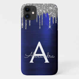 Silver Navy Blue Glitter Sparkle Monogram Naam Case-Mate iPhone Case