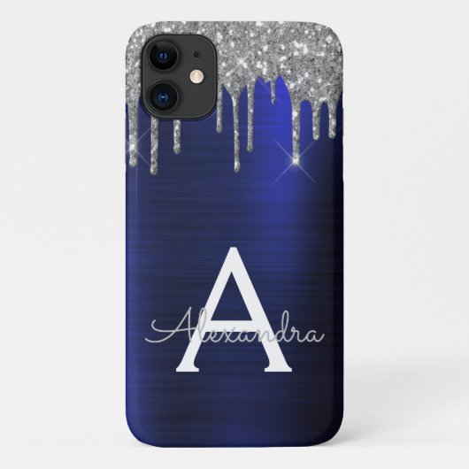 Silver Navy Blue Glitter Sparkle Monogram Naam Case-Mate iPhone Case (Achterkant)