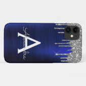 Silver Navy Blue Glitter Sparkle Monogram Naam Case-Mate iPhone Case (Achterkant (horizontaal))