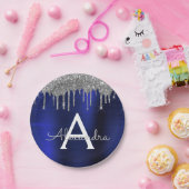 Silver Navy Blue Glitter Sparkle Monogram Naam Papieren Bordje (Feest)