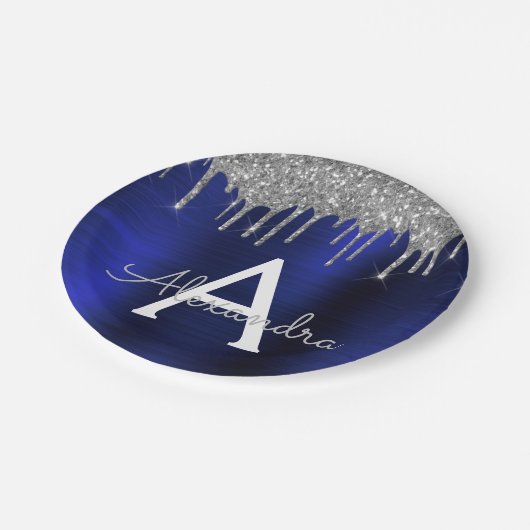 Silver Navy Blue Glitter Sparkle Monogram Naam Papieren Bordje (Gekanteld)