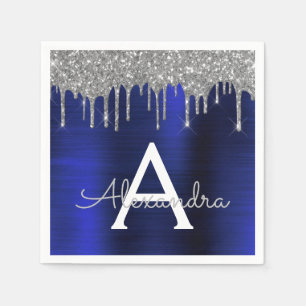 Silver Navy Blue Glitter Sparkle Monogram Naam Servet