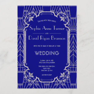 Silver Navy Blue Great Gatsby Art Deco 20s Wedding Kaart