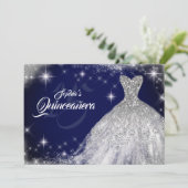 Silver Navy Blue Lace Diamond Gown Quinceanera Kaart (Staand voorkant)