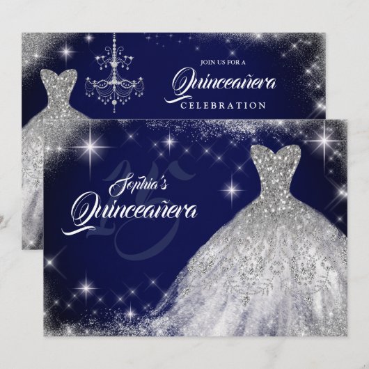Silver Navy Blue Lace Diamond Gown Quinceanera Kaart (Voorkant / Achterkant)