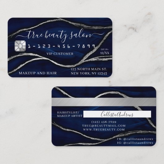 Silver Navy Blue Marble Signature Credit Kaart Visitekaartje (Voorkant / Achterkant)