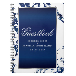 Silver, Navy Blue Marble & White - Guestbook Notitieboek