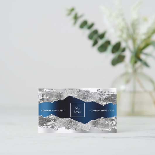 Silver navy blue metal agate marble logo QR code Visitekaartje (Staand voorkant)