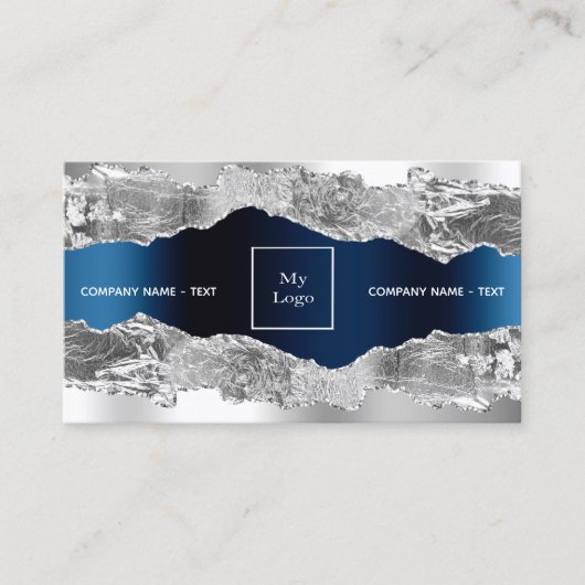 Silver navy blue metal agate marble logo QR code Visitekaartje (Voorkant)
